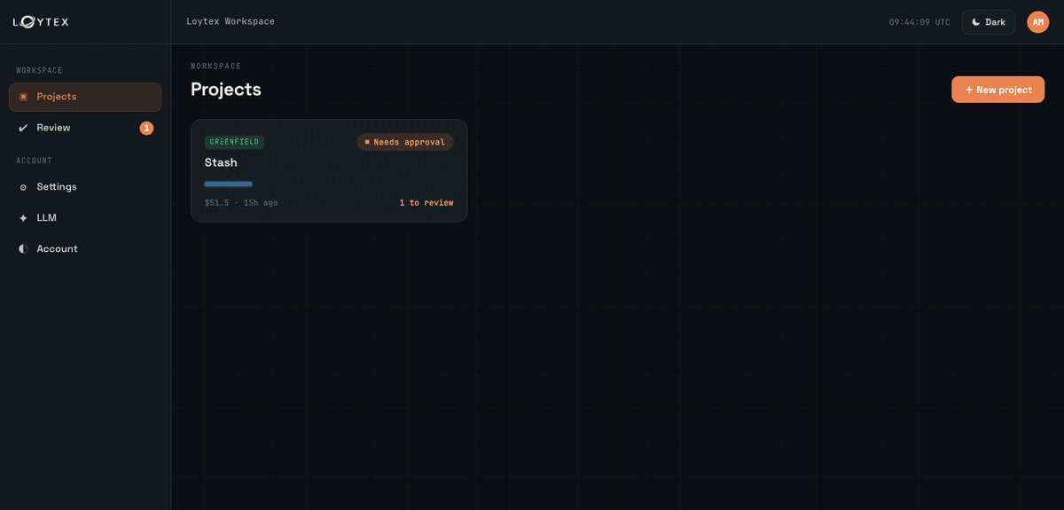 Animated Loytex Console demo assembled from real product screens showing a typed request, human gates, a supervised delivery run and reviewable artifacts